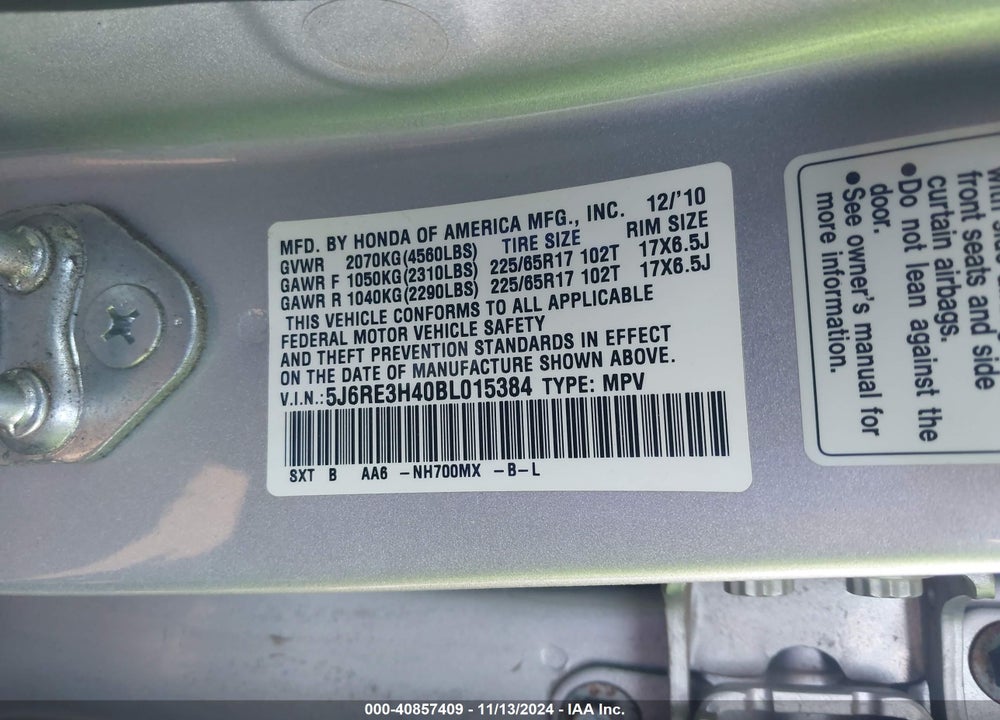 2011 HONDA CR-V SE VIN: 5J6RE3H40BL015384