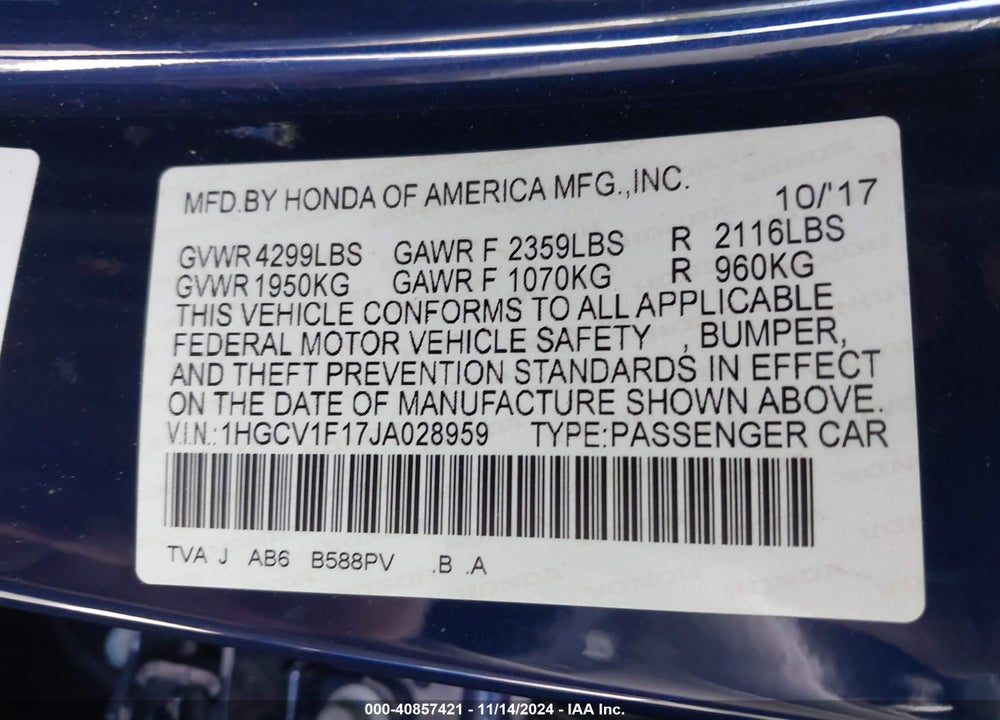 2018 HONDA ACCORD LX VIN: 1HGCV1F17JA028959