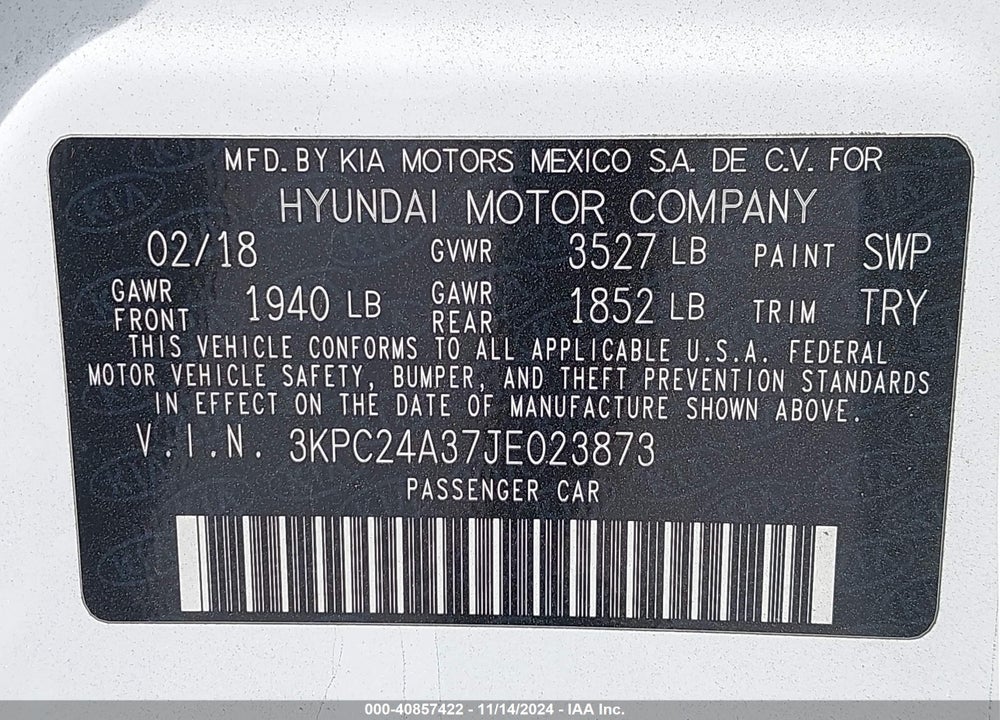 2018 HYUNDAI ACCENT SE VIN: 3KPC24A37JE023873