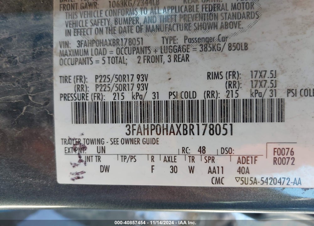 2011 FORD FUSION SE VIN: 3FAHP0HAXBR178051