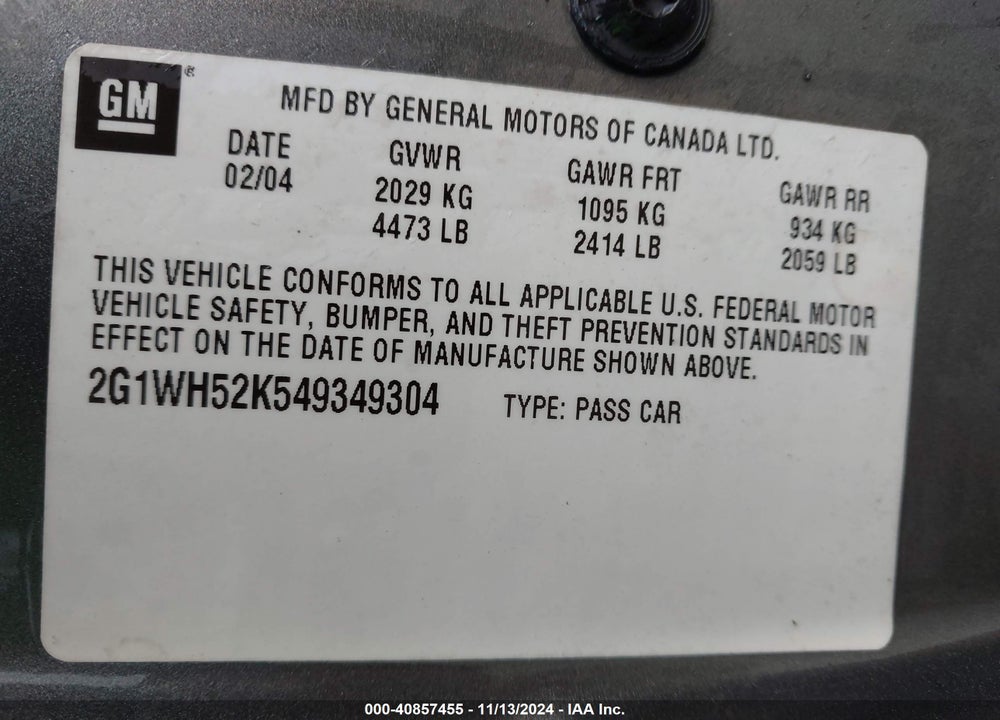 2004 CHEVROLET IMPALA LS VIN: 2G1WH52K549349304
