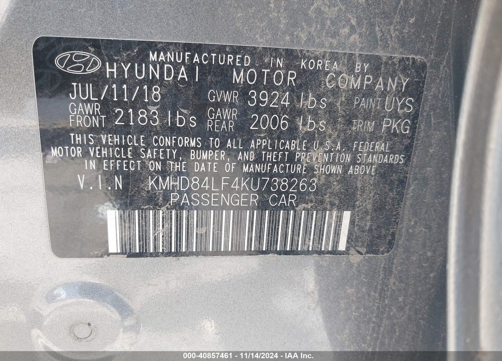 2019 HYUNDAI ELANTRA VIN: KMHD84LF4KU738263