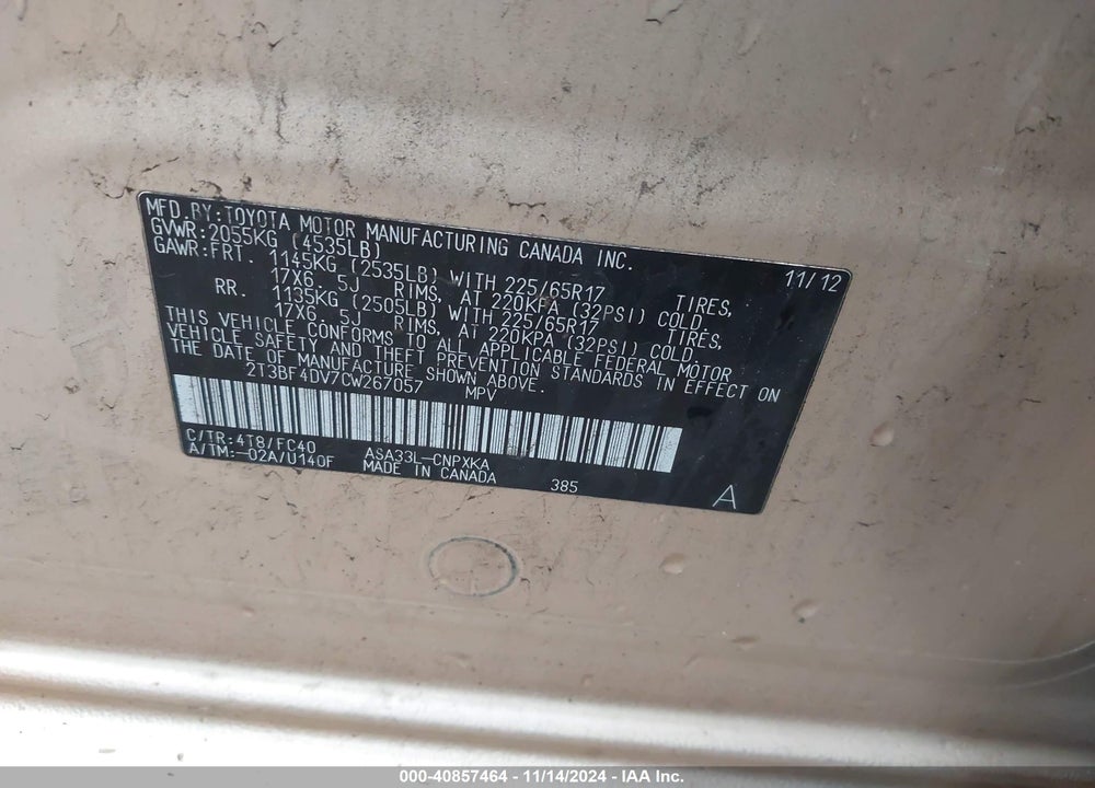 2012 TOYOTA RAV4 VIN: 2T3BF4DV7CW267057
