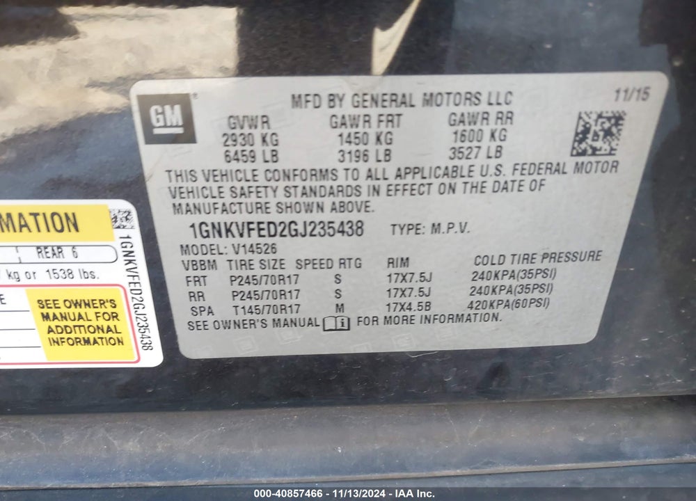 2016 CHEVROLET TRAVERSE LS VIN: 1GNKVFED2GJ235438
