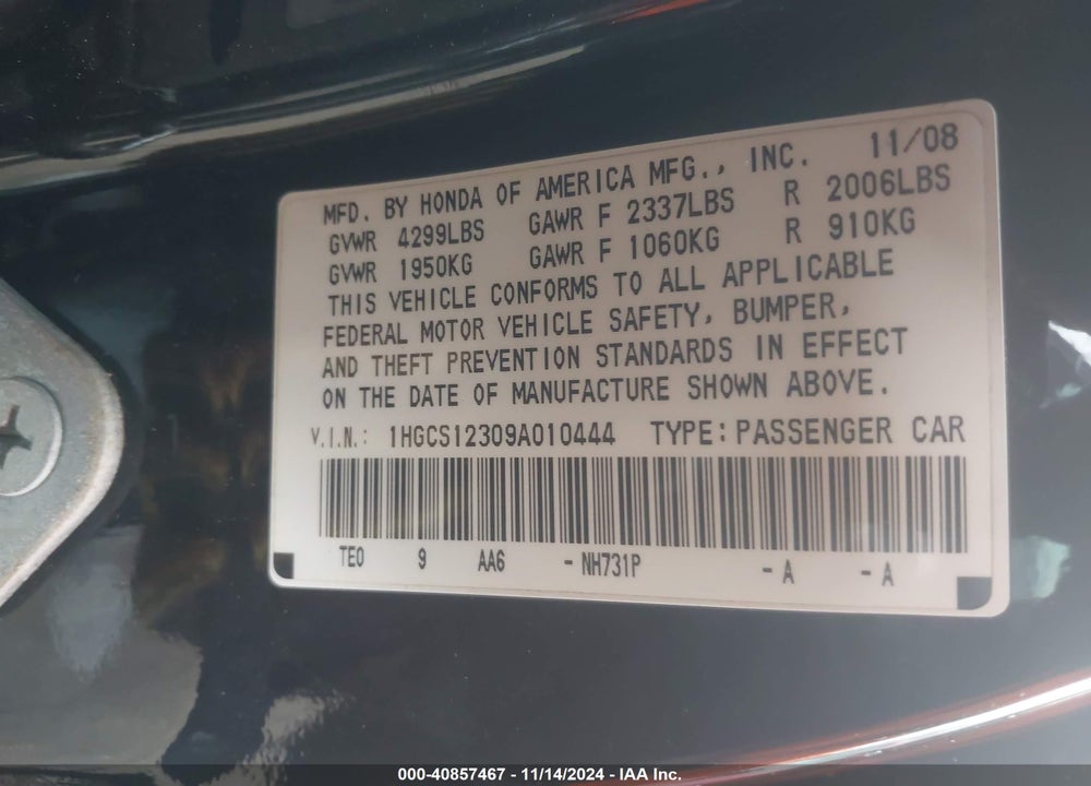 2009 HONDA ACCORD 2.4 LX-S VIN: 1HGCS12309A010444