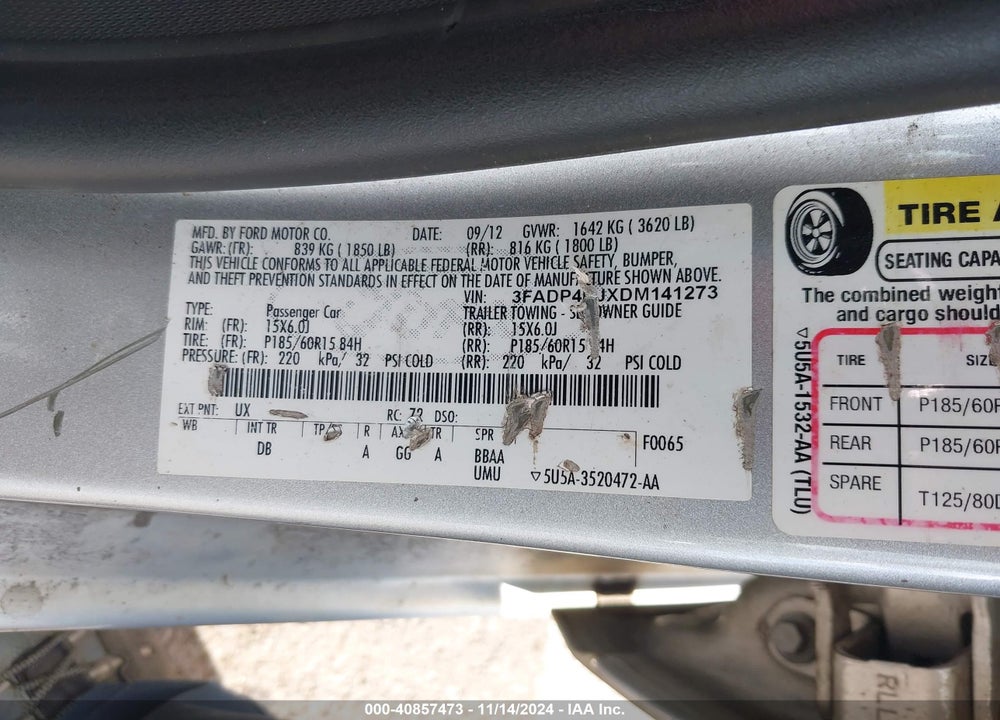 2013 FORD FIESTA SE VIN: 3FADP4BJXDM141273