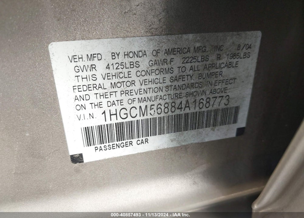 2004 HONDA ACCORD 2.4 EX VIN: 1HGCM56884A168773