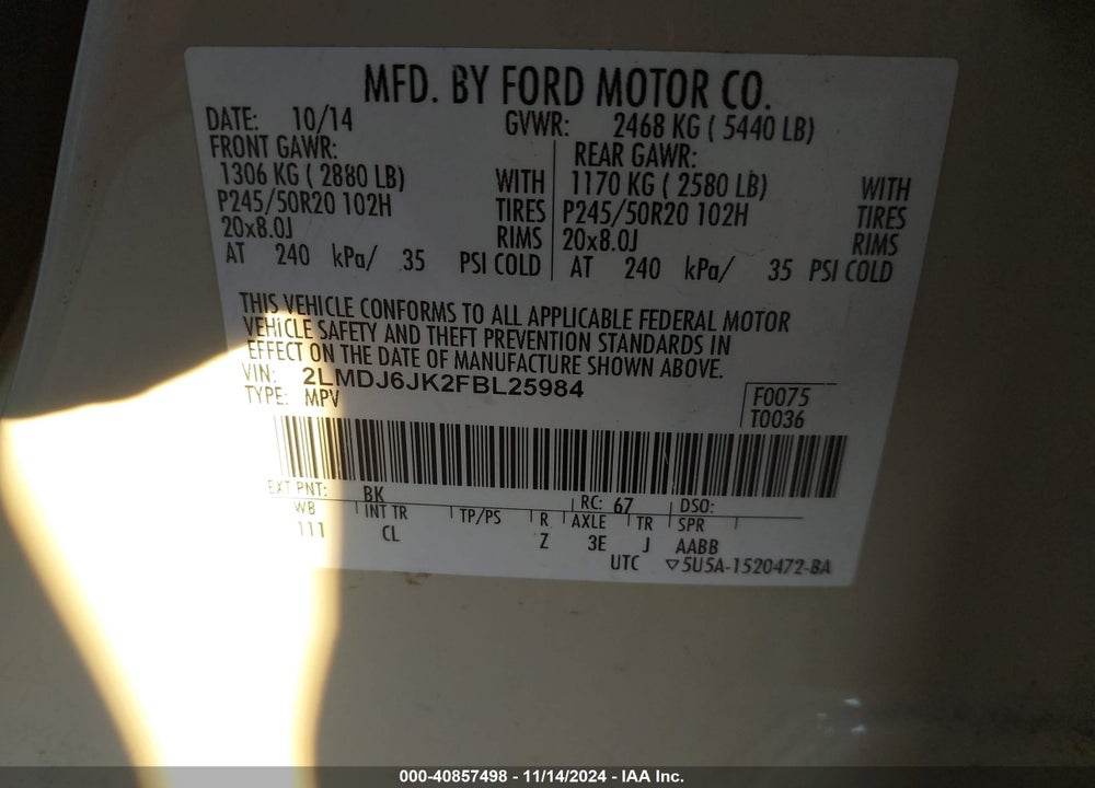 2015 LINCOLN MKX VIN: 2LMDJ6JK2FBL25984