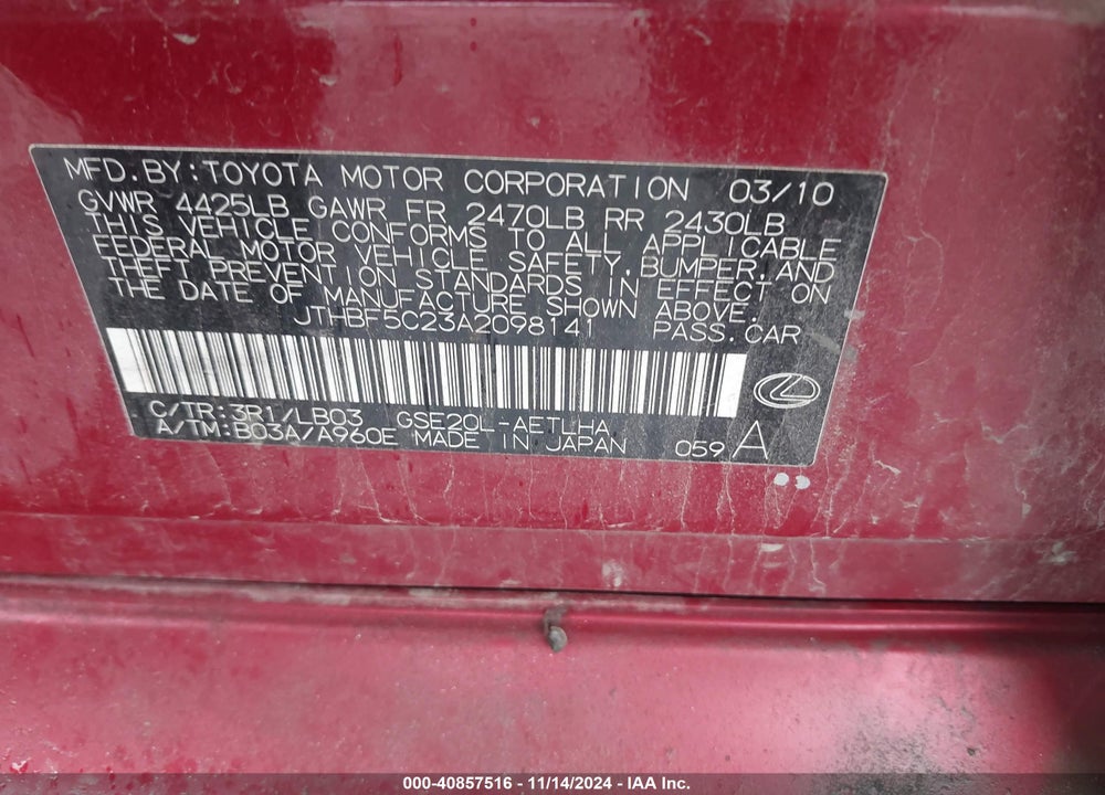 2010 LEXUS IS 250 VIN: JTHBF5C23A2098141