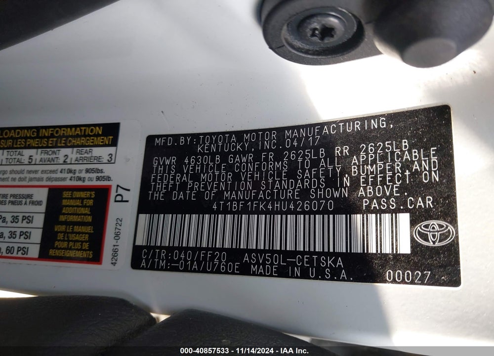 2017 TOYOTA CAMRY SE VIN: 4T1BF1FK4HU426070