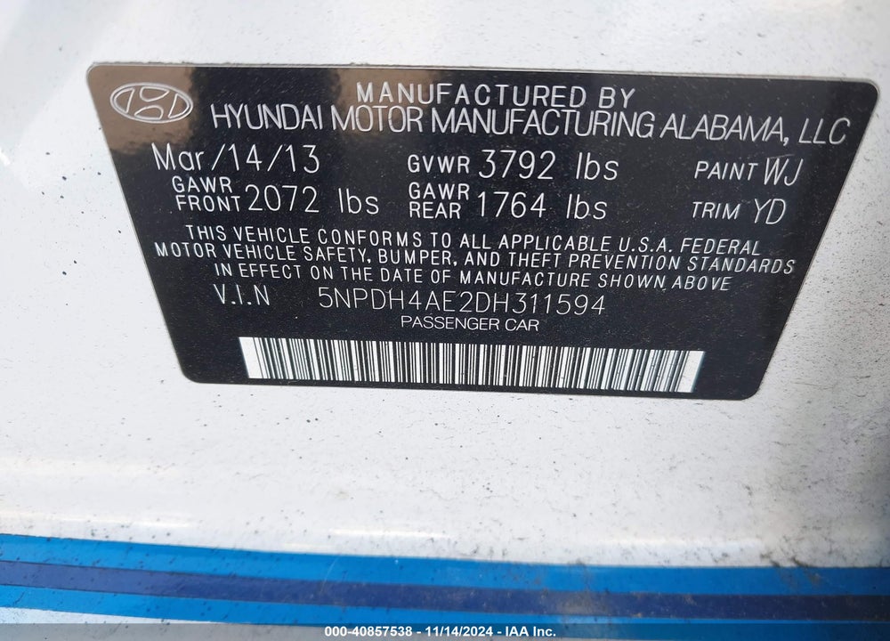 2013 HYUNDAI ELANTRA GLS VIN: 5NPDH4AE2DH311594