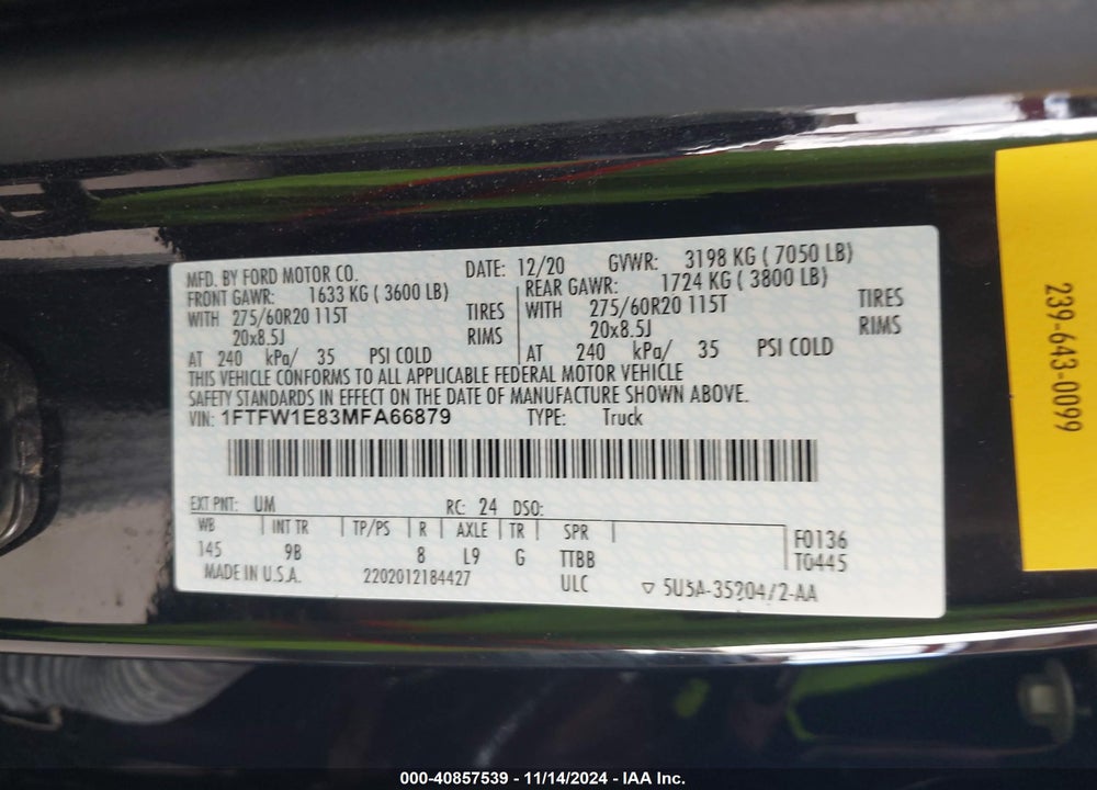 2021 FORD F-150 PLATINUM VIN: 1FTFW1E83MFA66879