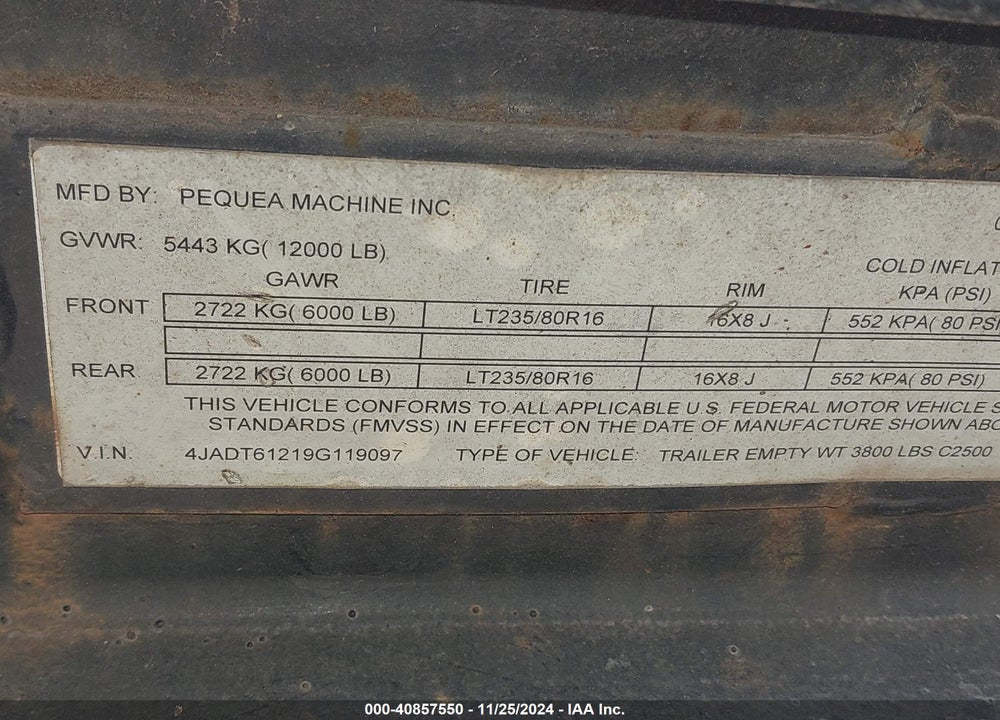 2009 PEQU DUMP TRLR VIN: 4JADT61219G119097