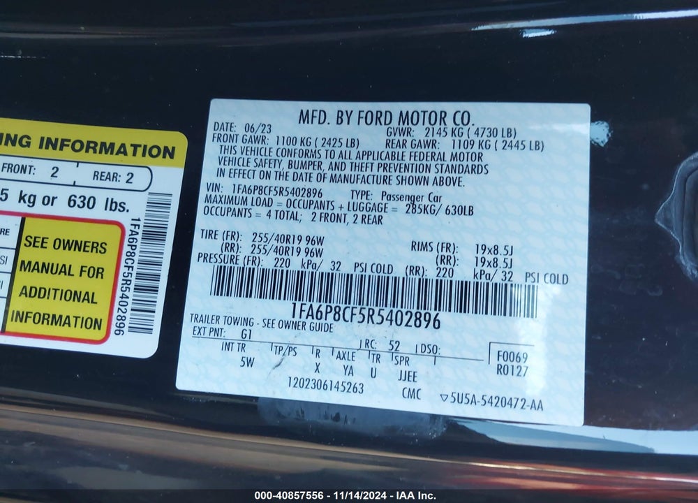 2024 FORD MUSTANG GT PREMIUM VIN: 1FA6P8CF5R5402896