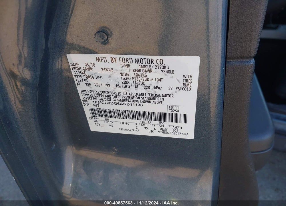 2010 FORD ESCAPE XLT VIN: 1FMCU9DG6AKD11138