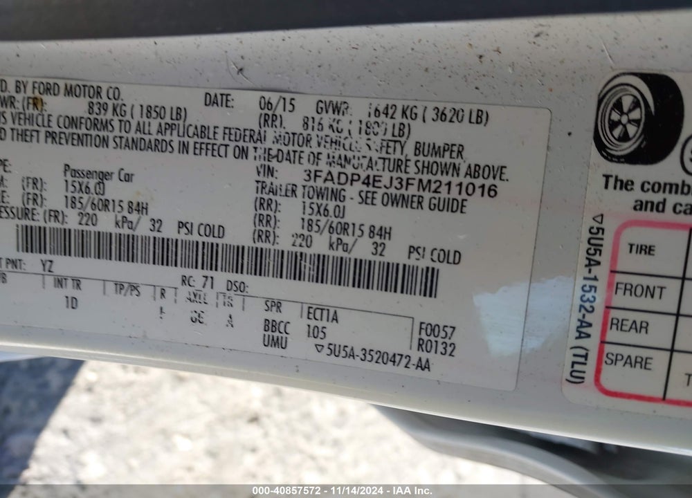 2015 FORD FIESTA SE VIN: 3FADP4EJ3FM211016