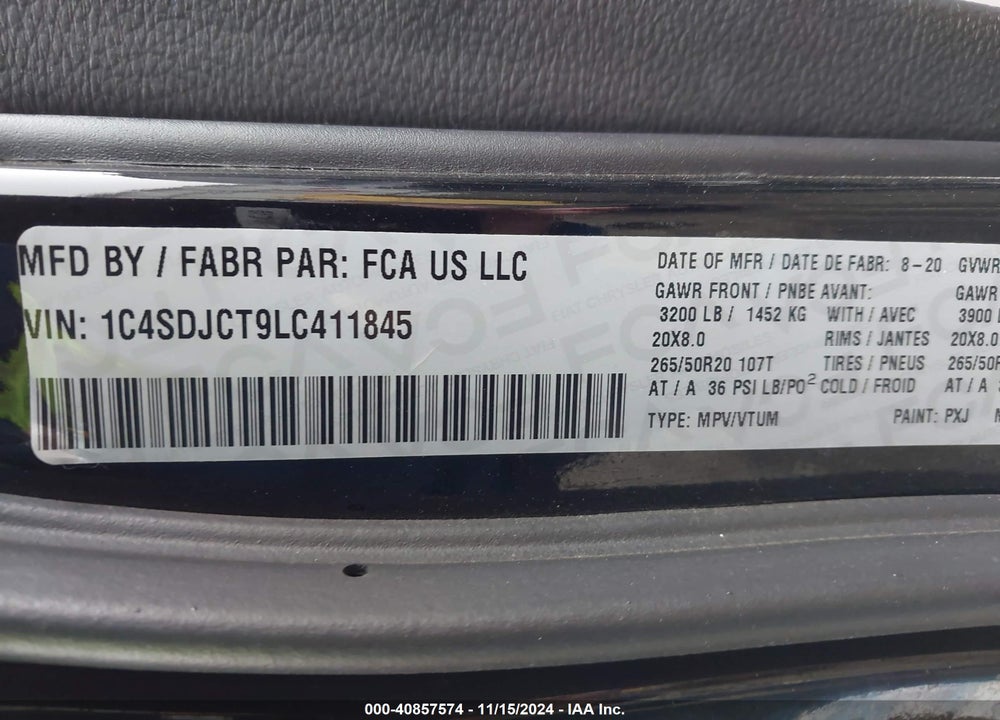 2020 DODGE DURANGO VIN: 1C4SDJCT9LC411845