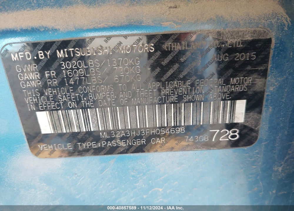 2015 MITSUBISHI MIRAGE DE VIN: ML32A3HJ3FH054698