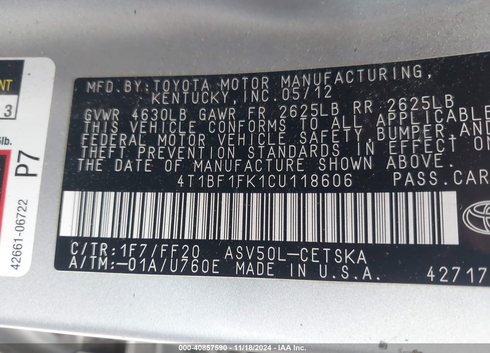 2012 TOYOTA CAMRY SE VIN: 4T1BF1FK1CU118606