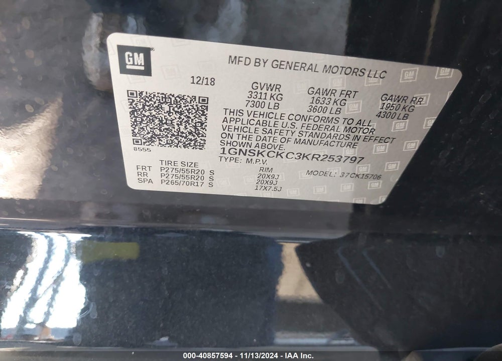 2019 CHEVROLET TAHOE PREMIER VIN: 1GNSKCKC3KR253797