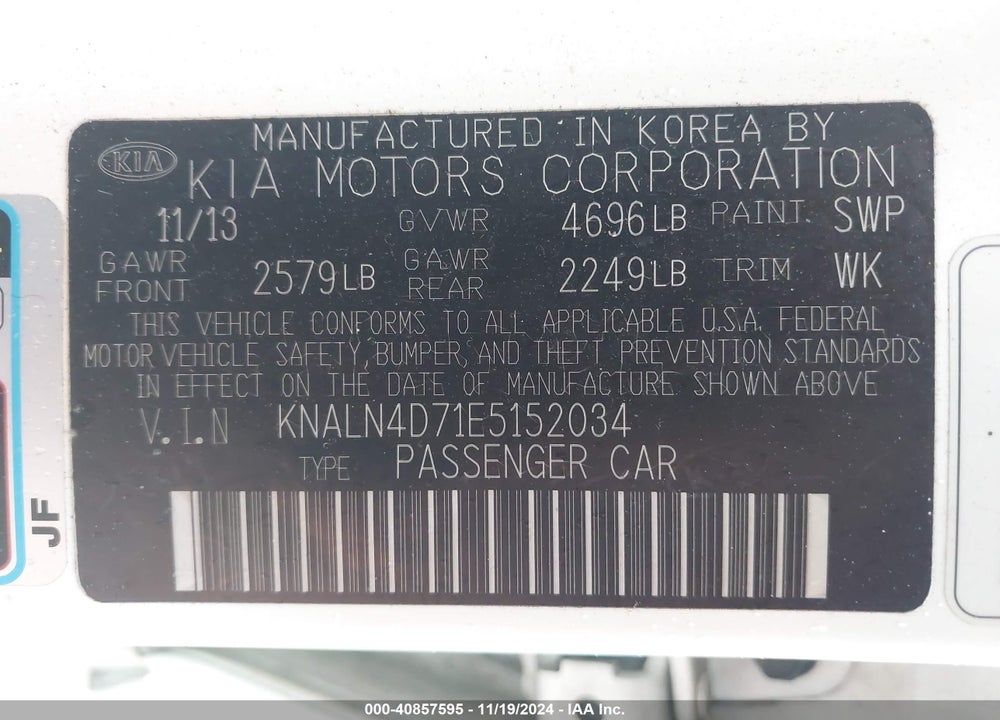 2014 KIA CADENZA LIMITED VIN: KNALN4D71E5152034