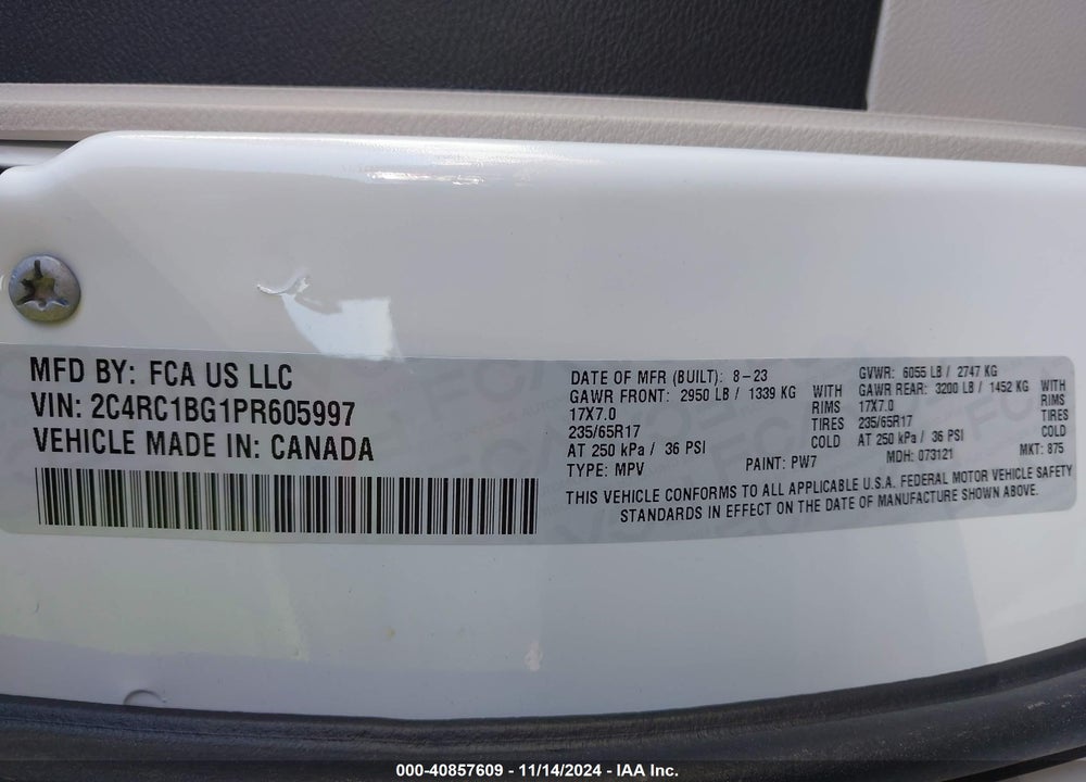 2023 CHRYSLER PACIFICA TOURING L VIN: 2C4RC1BG1PR605997