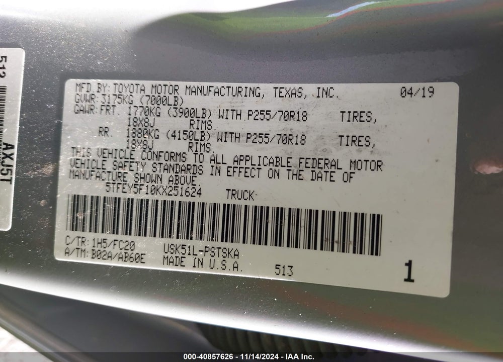 2019 TOYOTA TUNDRA VIN: 5TFEY5F10KX251624