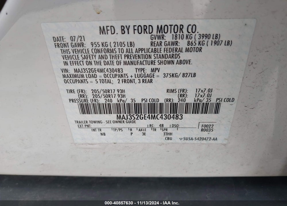 2021 FORD ECOSPORT SE VIN: MAJ3S2GE4MC430483