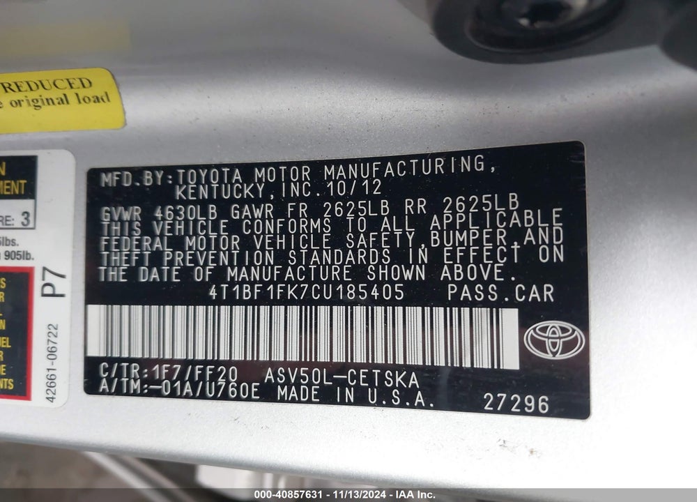 2012 TOYOTA CAMRY SE VIN: 4T1BF1FK7CU185405