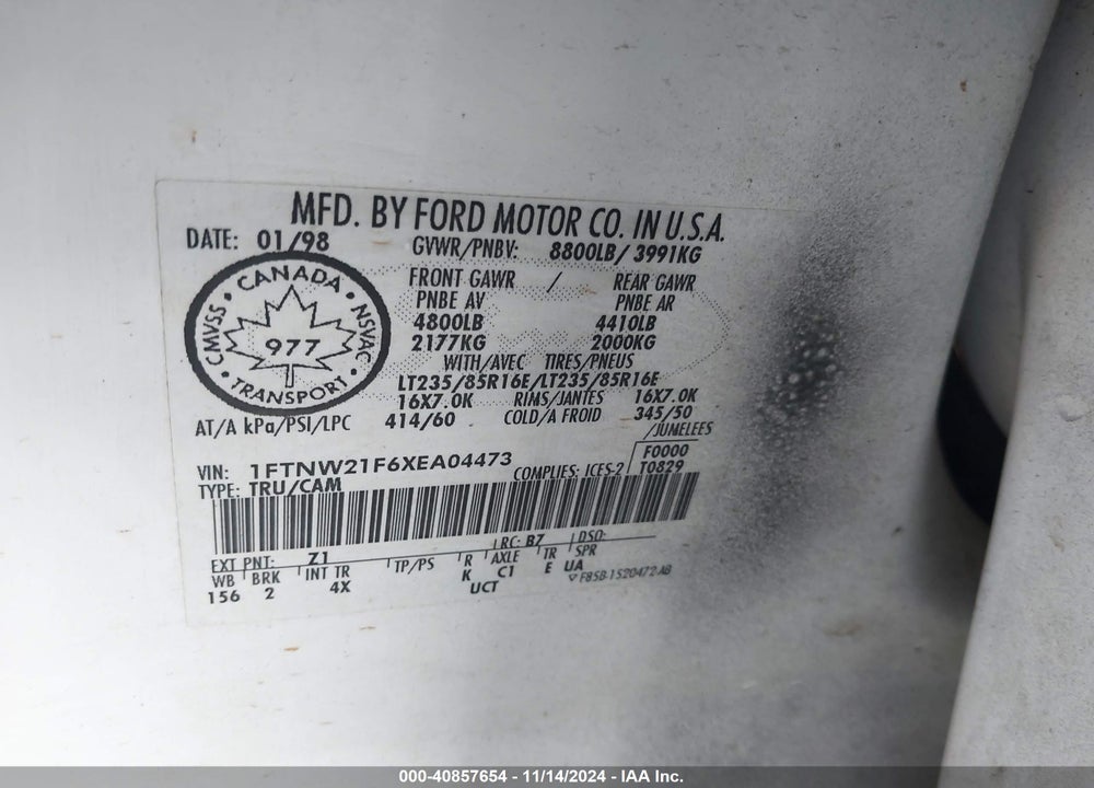 1999 FORD F-250 LARIAT/XL/XLT VIN: 1FTNW21F6XEA04473