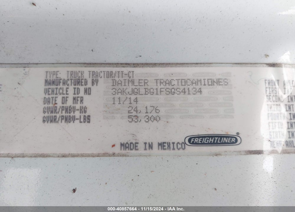 2015 FREIGHTLINER CASCADIA 125 VIN: 3AKJGLBG1FSGS4134