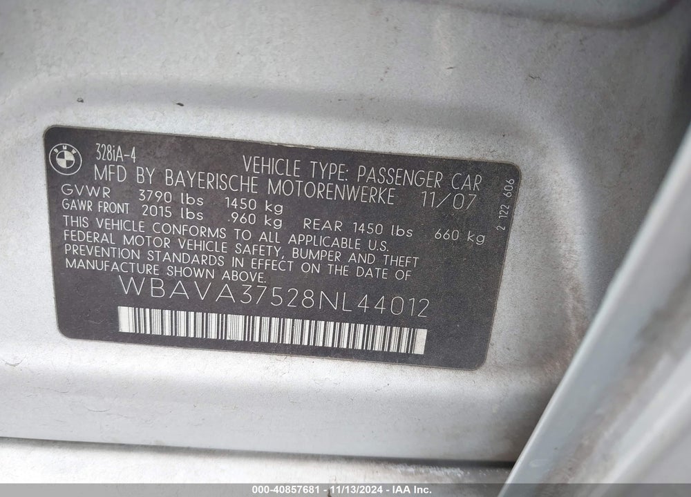 2008 BMW 328I VIN: WBAVA37528NL44012