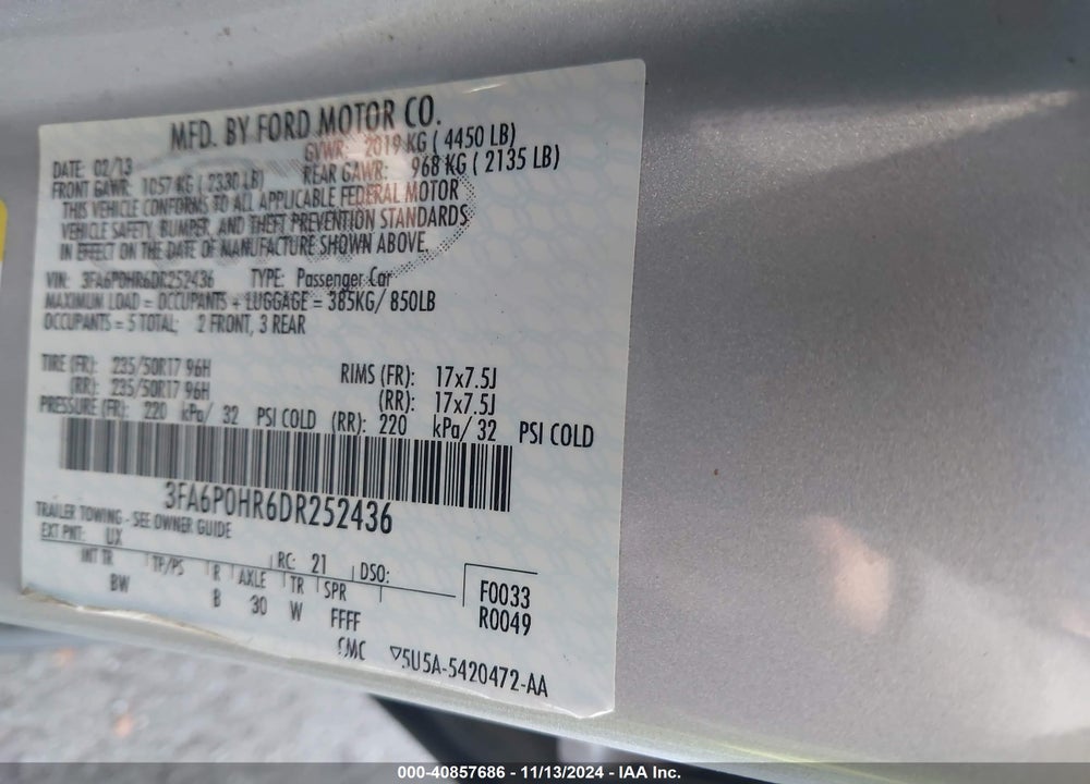 2013 FORD FUSION SE VIN: 3FA6P0HR6DR252436