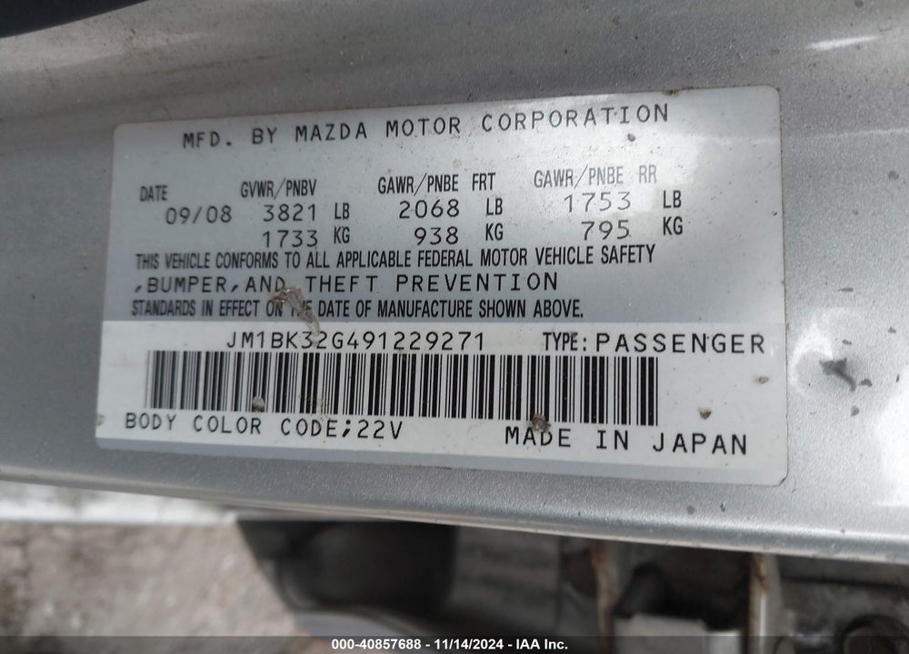 2009 MAZDA 3 I VIN: JM1BK32G491229271