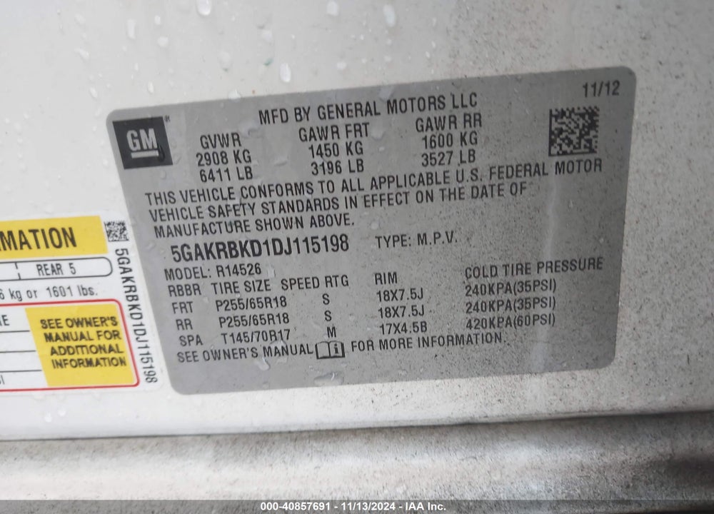 2013 BUICK ENCLAVE VIN: 5GAKRBKD1DJ115198