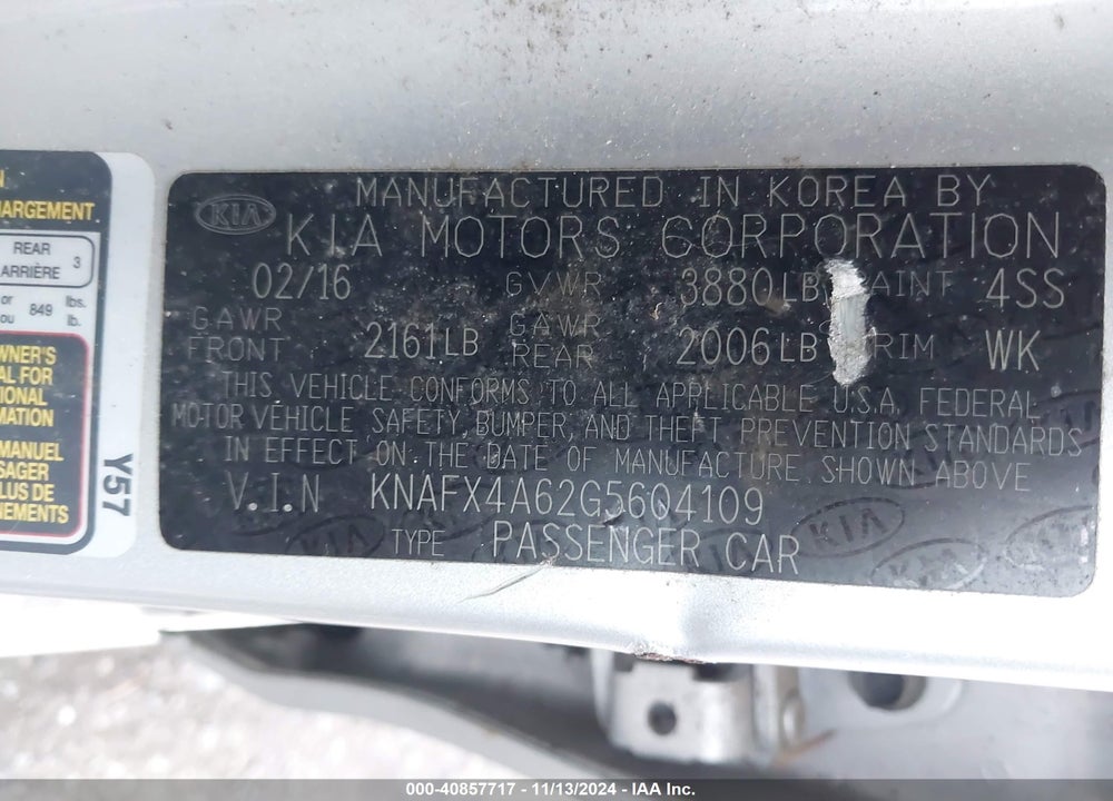 2016 KIA FORTE LX VIN: KNAFX4A62G5604109