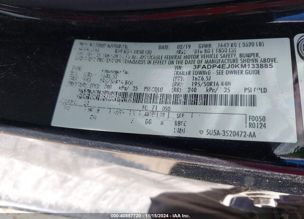 2019 FORD FIESTA SE VIN: 3FADP4EJ0KM133885
