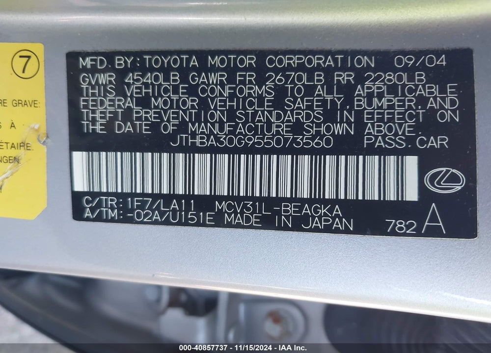 2005 LEXUS ES 330 VIN: JTHBA30G955073560