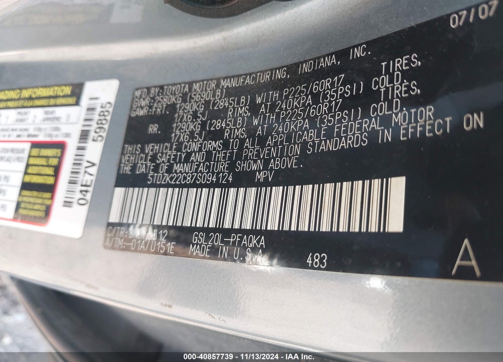 2007 TOYOTA SIENNA XLE LIMITED VIN: 5TDZK22C87S094124