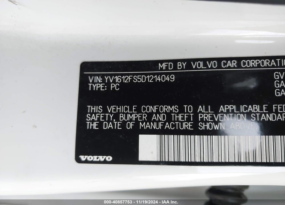 2013 VOLVO S60 T5 VIN: YV1612FS5D1214049
