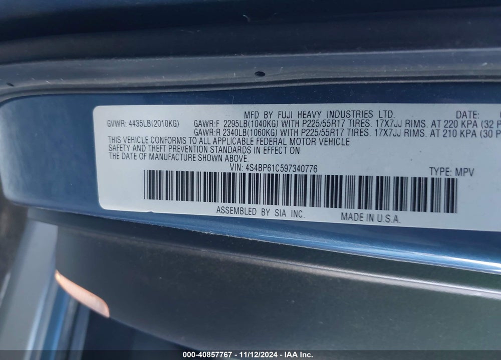 2009 SUBARU OUTBACK 2.5I VIN: 4S4BP61C597340776