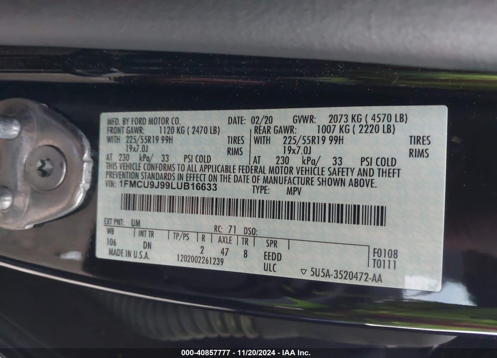 2020 FORD ESCAPE TITANIUM VIN: 1FMCU9J99LUB16633