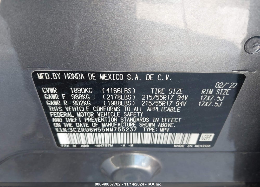 2022 HONDA HR-V AWD EX VIN: 3CZRU6H55NM755237