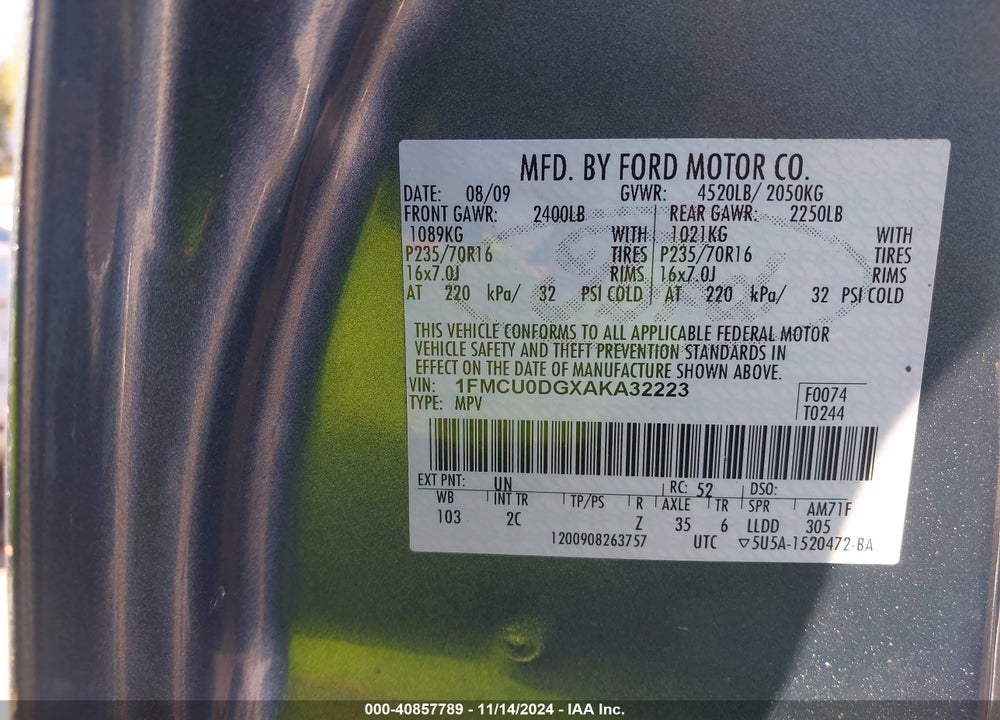 2010 FORD ESCAPE XLT VIN: 1FMCU0DGXAKA32223