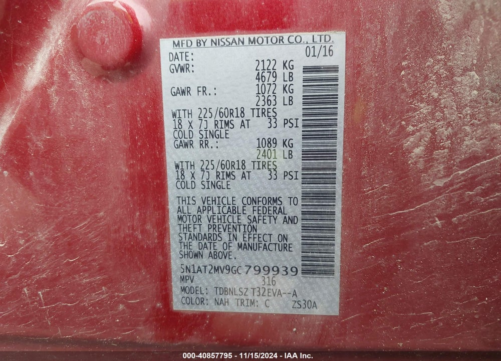 2016 NISSAN ROGUE SL VIN: 5N1AT2MV9GC799939