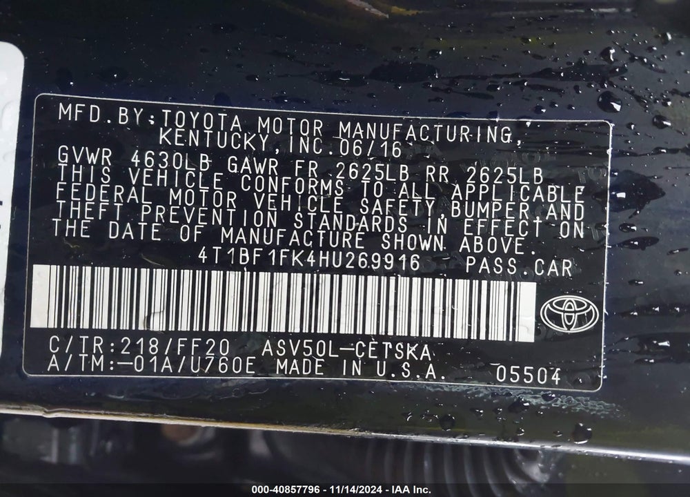 2017 TOYOTA CAMRY SE VIN: 4T1BF1FK4HU269916