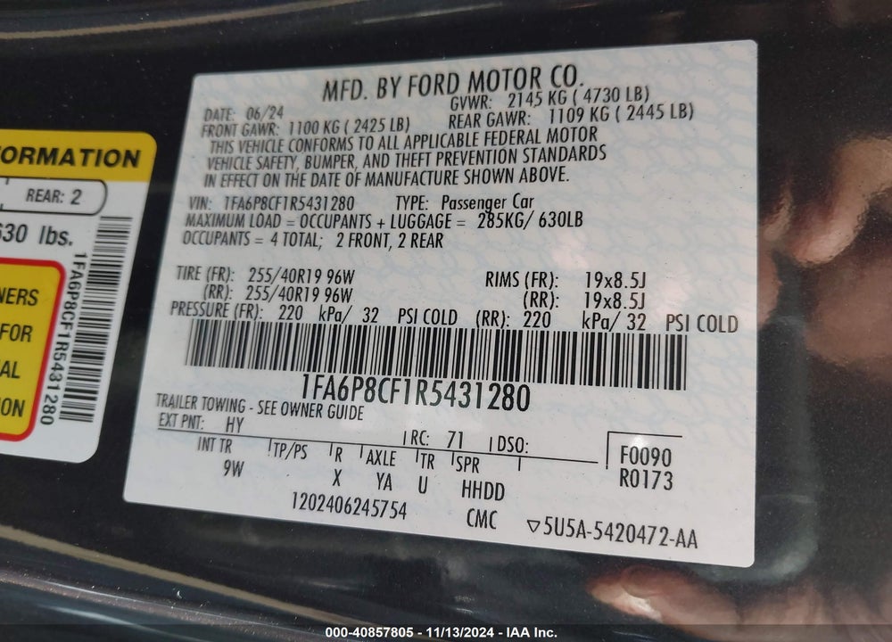 2024 FORD MUSTANG GT PREMIUM VIN: 1FA6P8CF1R5431280