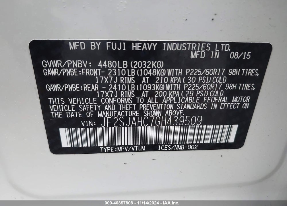 2016 SUBARU FORESTER 2.5I LIMITED VIN: JF2SJAHC7GH439509