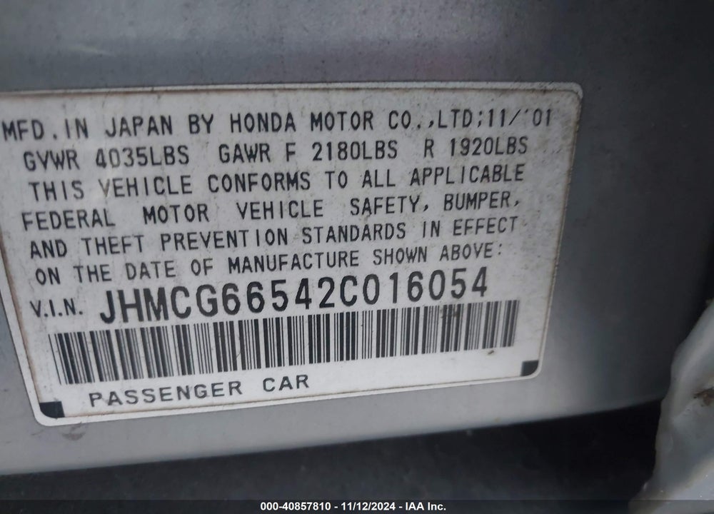 2002 HONDA ACCORD 2.3 LX/LX VIN: JHMCG66542C016054