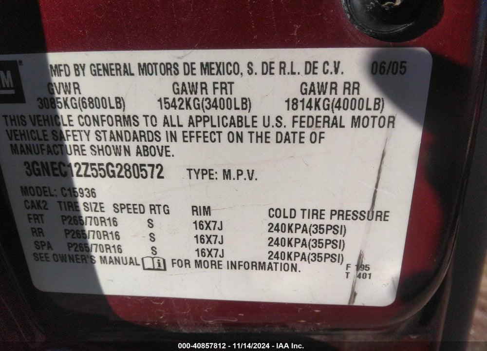 2005 CHEVROLET AVALANCHE 1500 LS VIN: 3GNEC12Z55G280572